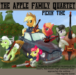 Size: 1429x1417 | Tagged: safe, artist:obsequiosity, apple bloom, applejack, big macintosh, granny smith, octavia melody, earth pony, pony, g4, apple family, band, banjo, cello, female, guitar, male, musical instrument, violin