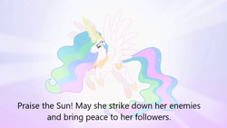 Size: 1280x720 | Tagged: safe, edit, edited screencap, screencap, princess celestia, alicorn, pony, derpibooru, g4, caption, image macro, meta, propaganda, solo, text