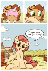 Size: 1486x2214 | Tagged: safe, artist:subjectnumber2394, oc, oc:copper wings, oc:wind glider, pegasus, pony, ask copper wings, ask, clothes, comic, cotton candy, crate, crates, cute, female, food on face, goggles, jacket, mother and child, mother and daughter, wingless