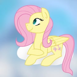 Size: 400x400 | Tagged: safe, artist:fluttershydaily, fluttershy, g4, cloud, lying down, lying on a cloud, on a cloud, prone, sky, smiling