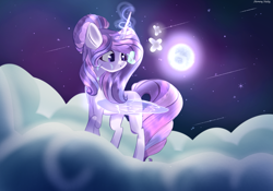 Size: 2881x2017 | Tagged: safe, artist:harmonyvitality-yt, oc, oc only, butterfly, pony, cloud, female, full moon, glowing, glowing horn, high res, horn, magic, mare, moon, night, on a cloud, palindrome get, shooting star, solo, stars, telekinesis