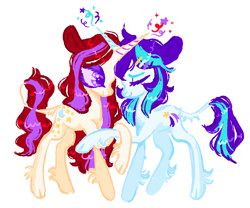 Size: 1280x1063 | Tagged: safe, artist:webkinzworldz, glory, moondancer (g1), classical unicorn, pony, unicorn, g1, cloven hooves, colored ears, couple, duo, eyes closed, eyeshadow, female, hair ears, hairclip, horn, leonine tail, lesbian, looking at someone, makeup, nonbinary, nonbinary pride flag, pride, pride flag, purple eyes, ship:glorydancer, shipping, simple background, sparkly eyes, unshorn fetlocks, white background, wingding eyes