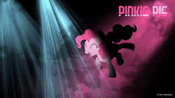 Size: 1920x1080 | Tagged: safe, artist:nsaiuvqart, artist:takua770, edit, pinkie pie, earth pony, pony, g4, cloud, dancing, eyes closed, female, happy, lighting, mare, name, open mouth, open smile, raised leg, smiling, solo, stars, wallpaper, wallpaper edit, watermark