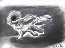 Size: 3482x2543 | Tagged: safe, artist:obsequiosity, applejack, earth pony, pony, g4, bucking, female, grayscale, high res, monochrome, solo, traditional art