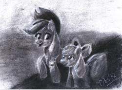 Size: 3039x2251 | Tagged: safe, artist:obsequiosity, apple bloom, applejack, earth pony, pony, g4, duo, female, grayscale, high res, monochrome, traditional art