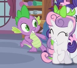 Size: 311x276 | Tagged: safe, screencap, rarity, spike, sweetie belle, dragon, pony, g4, my little pony: friendship is magic, sisterhooves social, carousel boutique, cropped, eyes closed, female, filly, foal, male, mare