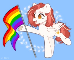 Size: 1934x1572 | Tagged: safe, artist:shelti, oc, oc only, pegasus, pony, art trade, blue background, colored pupils, female, flag, folded wings, gay pride flag, hoof heart, mare, open mouth, pride, pride flag, raised hoof, raised leg, simple background, underhoof, wings