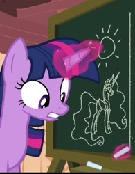 Size: 257x330 | Tagged: safe, screencap, princess celestia, twilight sparkle, alicorn, pony, g4, testing testing 1-2-3, chalk, chalk drawing, chalkboard, cropped, glowing, glowing horn, golden oaks library, horn, traditional art, twilight sparkle (alicorn)