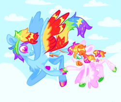Size: 1280x1079 | Tagged: safe, artist:webkinzworldz, honolu-loo, rainbow dash, pegasus, pony, g3, g4, cloud, duo, female, filly, flying, foal