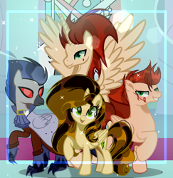 Size: 1192x1227 | Tagged: safe, artist:harmonyvitality-yt, oc, oc only, alicorn, classical hippogriff, hippogriff, pegasus, pony, alicorn oc, base used, female, grin, group, horn, male, mare, mask, raised hoof, scar, smiling, spread wings, stallion, wings