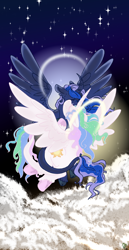 Size: 1024x1983 | Tagged: safe, artist:eqq_scremble, artist:pagophasia, derpibooru exclusive, princess celestia, princess luna, alicorn, classical unicorn, pony, unicorn, g4, backlighting, cloud, cloven hooves, collaboration, colored hooves, curved horn, dawn, duo, ear tufts, ethereal mane, ethereal tail, eyes closed, female, floppy ears, flying, frog (hoof), halo, holding hooves, horn, hug, leonine tail, nuzzling, royal sisters, siblings, sisterly love, sisters, smiling, spread wings, stars, tail, tail hug, underhoof, unshorn fetlocks, wings