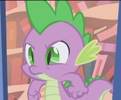 Size: 487x401 | Tagged: safe, screencap, spike, dragon, boast busters, g4, my little pony: friendship is magic, season 1, cropped, golden oaks library, solo