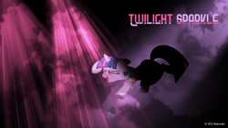 Size: 1920x1080 | Tagged: safe, artist:hsldoperator, artist:nsaiuvqart, edit, twilight sparkle, pony, unicorn, g4, birthday dress, clothes, cloud, dancing, do the sparkle, dress, eyes closed, female, happy, lighting, mare, name, open mouth, open smile, raised leg, smiling, solo, stars, unicorn twilight, wallpaper, wallpaper edit, watermark