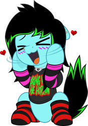 Size: 3490x5000 | Tagged: safe, artist:jhayarr23, oc, oc only, oc:scene chick, earth pony, pony, ><, arm warmers, blushing, bring me the horizon, clothes, commission, dyed mane, dyed tail, eyes closed, female, heart, jewelry, lip piercing, mare, necklace, nose piercing, open mouth, piercing, shirt, simple background, sitting, snake bites, socks, solo, striped socks, t-shirt, tail, transparent background, ych result