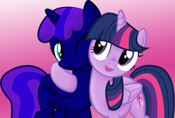 Size: 812x549 | Tagged: safe, artist:sarahstudios11, twilight sparkle, oc, oc:night star, alicorn, pony, unicorn, g4, gradient background, request, twilight sparkle (alicorn), vector