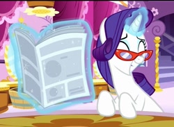 Size: 547x401 | Tagged: safe, screencap, rarity, pony, unicorn, g4, the saddle row review, eyes closed, female, glasses, mare, newspaper, smiling, solo