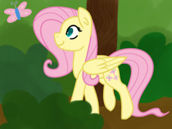 Size: 400x300 | Tagged: safe, artist:fluttershydaily, fluttershy, butterfly, g4, dirt road, forest, road, smiling, tree, walking