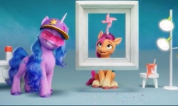 Size: 505x301 | Tagged: safe, screencap, izzy moonbow, sunny starscout, earth pony, pony, unicorn, g5, my little pony: a new generation, spoiler:my little pony: a new generation, baseball cap, cap, coat markings, cute, disguise, duo, duo female, fake horn, female, fit right in (g5), grin, happy, hat, izzy the rapper, looking at something, looking up, mare, open mouth, open smile, paint bucket, pinwheel (toy), shutter shades, smiling, socks (coat markings), spotlight, sunglasses, sunnybetes