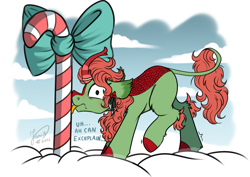 Size: 4093x2894 | Tagged: safe, artist:julunis14, oc, oc only, oc:spring glow, kirin, candy, candy cane, cloven hooves, commission, female, food, kirin oc, mare, signature, snow, solo, stuck, tongue out, tongue stuck to pole, ych result