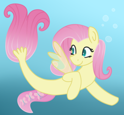 Size: 400x373 | Tagged: safe, artist:fluttershydaily, fluttershy, pegasus, pony, seapony (g4), g4, blue background, bubble, digital art, dorsal fin, female, fin, fin wings, fins, fish tail, flowing mane, flowing tail, green eyes, mare, ocean, pink mane, pink tail, seaponified, seapony fluttershy, simple background, smiling, solo, species swap, swimming, tail, underwater, water, wings