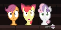 Size: 689x336 | Tagged: safe, screencap, apple bloom, scootaloo, sweetie belle, earth pony, pegasus, pony, unicorn, g4, one bad apple, all new, cutie mark crusaders, female, filly, foal, hub logo, logo, looking at something, reaction, reaction image, text, the hub