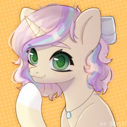 Size: 1000x1000 | Tagged: safe, artist:shelti, oc, oc only, pony, unicorn, bow, bust, colored pupils, commission, hair bow, happy, horn, jewelry, looking at you, necklace, raised hoof, simple background, smiling, solo, yellow background
