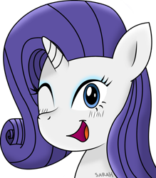 Size: 1024x1170 | Tagged: safe, artist:sarahstudios11, rarity, pony, unicorn, g4, bust, female, mare, one eye closed, portrait, simple background, smiling, solo, wink