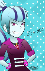 Size: 1024x1617 | Tagged: safe, artist:sarahstudios11, sonata dusk, human, equestria girls, g4, disguise, disguised siren, female, grin, simple background, smiling, solo