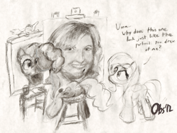 Size: 1600x1205 | Tagged: safe, artist:obsequiosity, fluttershy, pinkie pie, earth pony, human, pegasus, pony, g4, andrea libman, duo, easel, female, self portrait, traditional art, voice actor joke