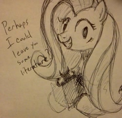 Size: 715x691 | Tagged: safe, artist:obsequiosity, fluttershy, pegasus, pony, g4, female, sketch, solo, traditional art
