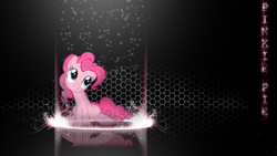Size: 1920x1080 | Tagged: safe, artist:forgotten5p1rit, artist:unrealtoast, edit, pinkie pie, earth pony, pony, g4, abstract background, female, hexagon, looking up, mare, name, smiling, solo, sparkles, wallpaper, wallpaper edit
