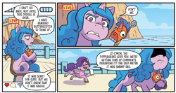 Size: 663x352 | Tagged: safe, idw, official comic, bambino butterscotch, izzy moonbow, pipp petals, pegasus, pony, unicorn, g5, spoiler:comic, spoiler:g5comic, spoiler:g5comic11, angry, comic, cropped, izzy moonbow is not amused, phone, unamused