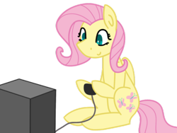 Size: 400x300 | Tagged: safe, artist:fluttershydaily, fluttershy, pegasus, pony, g4, belly, controller, gamershy, simple background, sitting, smiling, solo, television, transparent background