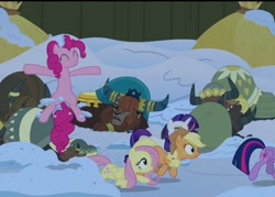 Size: 562x403 | Tagged: safe, screencap, applejack, fluttershy, pinkie pie, prince rutherford, rarity, twilight sparkle, alicorn, earth pony, pegasus, pony, unicorn, g4, not asking for trouble, cropped, offscreen character, snow, twilight sparkle (alicorn)