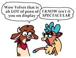 Size: 1841x1404 | Tagged: safe, artist:punkittdev, arizona (tfh), velvet (tfh), cow, deer, reindeer, them's fightin' herds, community related, dialogue, doe, dudeweed, duo, female, implied porn, lidded eyes, open mouth, open smile, smiling, speech bubble