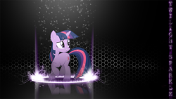 Size: 1920x1080 | Tagged: safe, artist:ancientkale, artist:forgotten5p1rit, edit, twilight sparkle, pony, unicorn, g4, abstract background, female, hexagon, looking sideways, mare, name, raised hoof, smiling, solo, sparkles, unicorn twilight, wallpaper, wallpaper edit