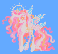 Size: 1280x1178 | Tagged: safe, artist:webkinzworldz, princess celestia, alicorn, pony, g4, alternate design, ankle wings, blue background, colored eyelashes, curved horn, ethereal hair, ethereal mane, ethereal tail, eyestrain warning, horn, looking at you, multiple wings, orange eyes, simple background, solo, sparkly mane, sparkly tail, spiked horn, tail, transparent wings, wing ears, wings, yellow eyes