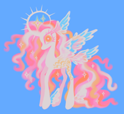 Size: 1280x1178 | Tagged: safe, artist:peaceandlove26, princess celestia, alicorn, pony, g4, alternate design, blue background, colored eyelashes, curved horn, ethereal hair, ethereal mane, ethereal tail, eyestrain warning, horn, leg wings, looking at you, multiple wings, orange eyes, simple background, solo, sparkly mane, sparkly tail, spiked horn, tail, transparent wings, wing ears, wings, yellow eyes