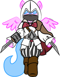 Size: 719x932 | Tagged: safe, artist:sarahstudios11, oc, oc only, oc:artie brush, pegasus, pony, assassin's creed, cape, clothes, cosplay, costume, dagger, female, hood, mare, pegasus oc, solo, vector, weapon