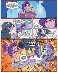 Size: 668x838 | Tagged: safe, idw, official comic, nagathine irons, pipp petals, zipp storm, pegasus, pony, g5, spoiler:comic, spoiler:g5comic, spoiler:g5comic11, angry, balloon, birthday cake, cake, candle, caught, clothes, comic, costume, diadem, disguise, dress, food, headband, jewelry, makeup, now you fucked up, pipp petals is not amused, prank, realization, regalia, royal sisters (g5), siblings, sisters, spread wings, streamers, tiara, unamused, unshorn fetlocks, wings