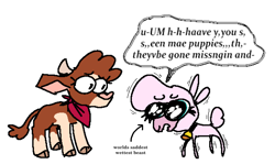 Size: 2417x1441 | Tagged: safe, artist:punkittdev, arizona (tfh), pom (tfh), cow, lamb, sheep, them's fightin' herds, arrow, bandana, cloven hooves, community related, dialogue, duo, female, nervous, shivering, simple background, speech bubble, text, wavy mouth, white background