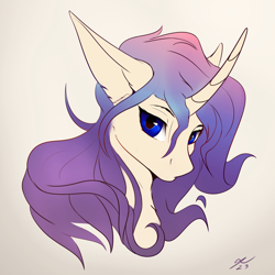 Size: 2300x2300 | Tagged: safe, artist:tenebrisnoctus, pony, unicorn, bust, curved horn, ear fluff, female, high res, horn, looking at you, purple hair, signature, simple background, solo, sternocleidomastoid