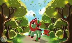 Size: 2000x1200 | Tagged: safe, artist:juliana, oc, oc only, oc:spring glow, kirin, commission, female, forest background, kirin oc, leaves, mare, solo, tree, watermark, ych result