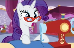 Size: 625x403 | Tagged: safe, screencap, rarity, pony, unicorn, canterlot boutique, g4, glasses, rarity's glasses, sewing machine, solo