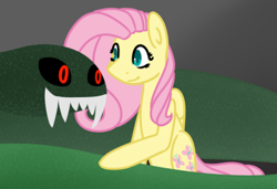 Size: 400x274 | Tagged: safe, artist:fluttershydaily, fluttershy, g4, grass, monster, petting, smiling, swamp