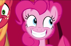 Size: 611x398 | Tagged: safe, screencap, big macintosh, pinkie pie, earth pony, pony, g4, my little pony: friendship is magic, pinkie apple pie, female, male, mare, smiling, stallion, toothy grin