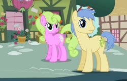 Size: 612x393 | Tagged: safe, screencap, daisy, flower wishes, goldengrape, sir colton vines iii, earth pony, pony, g4, the mysterious mare do well, female, male, mare, stallion