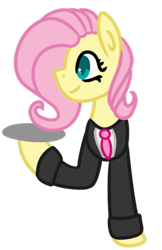 Size: 388x600 | Tagged: safe, artist:fluttershydaily, fluttershy, g4, clothes, necktie, server, simple background, smiling, suit, transparent background, tray, waiter