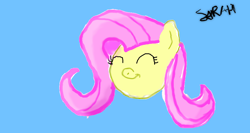 Size: 920x490 | Tagged: safe, artist:sarahstudios11, fluttershy, pegasus, pony, g4, bust, deviantart muro, eyes closed, female, head, mare, simple background, smiling, solo, teal background
