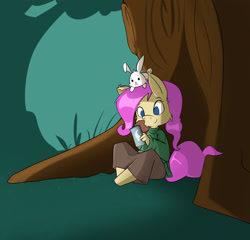 Size: 2054x1975 | Tagged: safe, artist:parassaux, angel bunny, fluttershy, pegasus, anthro, unguligrade anthro, g4, clothes, skirt, solo, sweater, sweatershy, tree, turtleneck